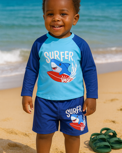 Boys “Surfer Shark” Long-Sleeve Swim Set