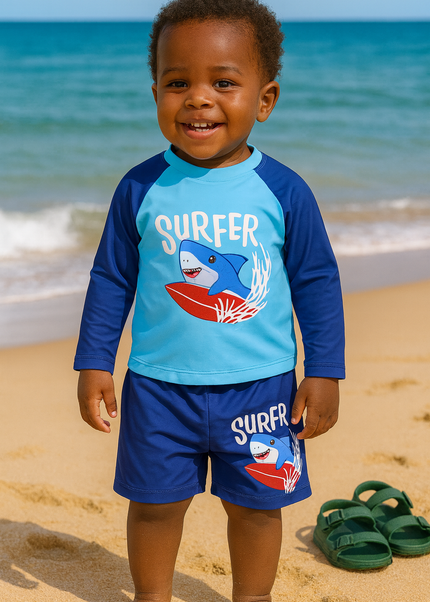 Boys “Surfer Shark” Long-Sleeve Swim Set