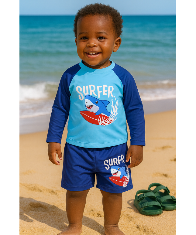 Boys “Surfer Shark” Long-Sleeve Swim Set
