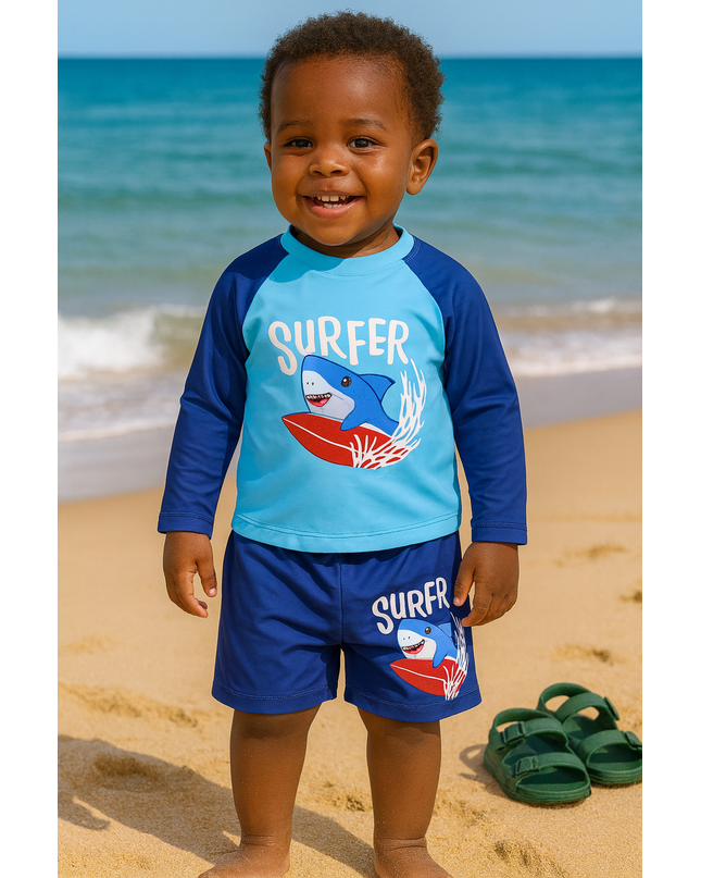 Boys “Surfer Shark” Long-Sleeve Swim Set