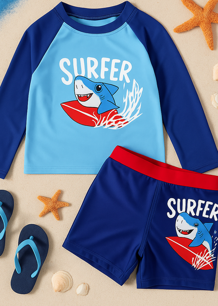 Boys “Surfer Shark” Long-Sleeve Swim Set