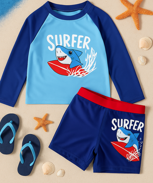 Boys “Surfer Shark” Long-Sleeve Swim Set