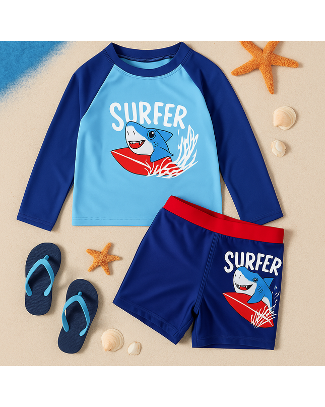 Boys “Surfer Shark” Long-Sleeve Swim Set