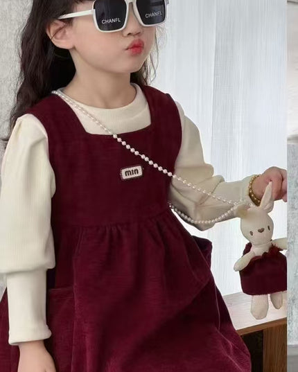 Girls 3-Piece Velvet Dress Set with Long Sleeve Top & Toy Bag